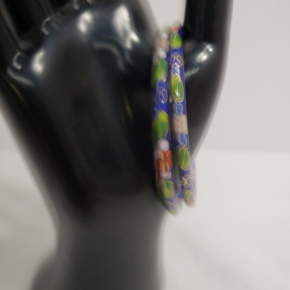 BANGLE BRACELET Pair Of Vintage Cloisonne Enamel Hinged Blue Floral 8.2 Or 21cm